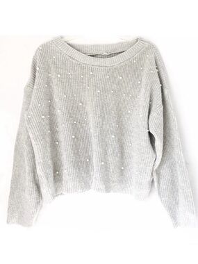 Oversized Gray Embellished  Boatneck Ribbed Sweater Medium